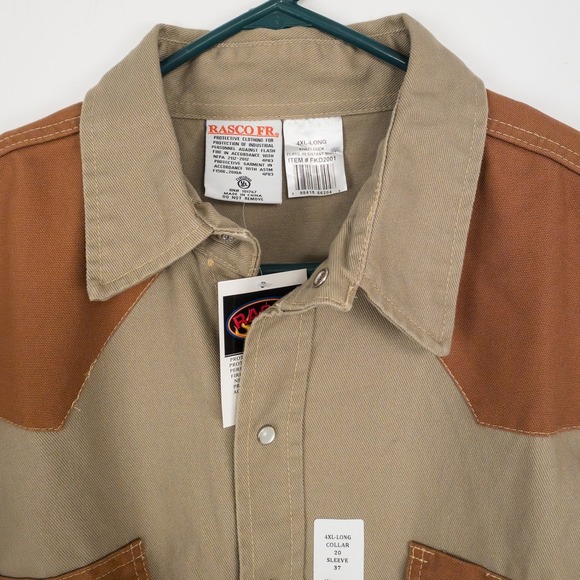 RASCO FR Flame Resistant Work Shirt 4XL Long Khaki Duck Two Tone Workwear - Picture 5 of 16